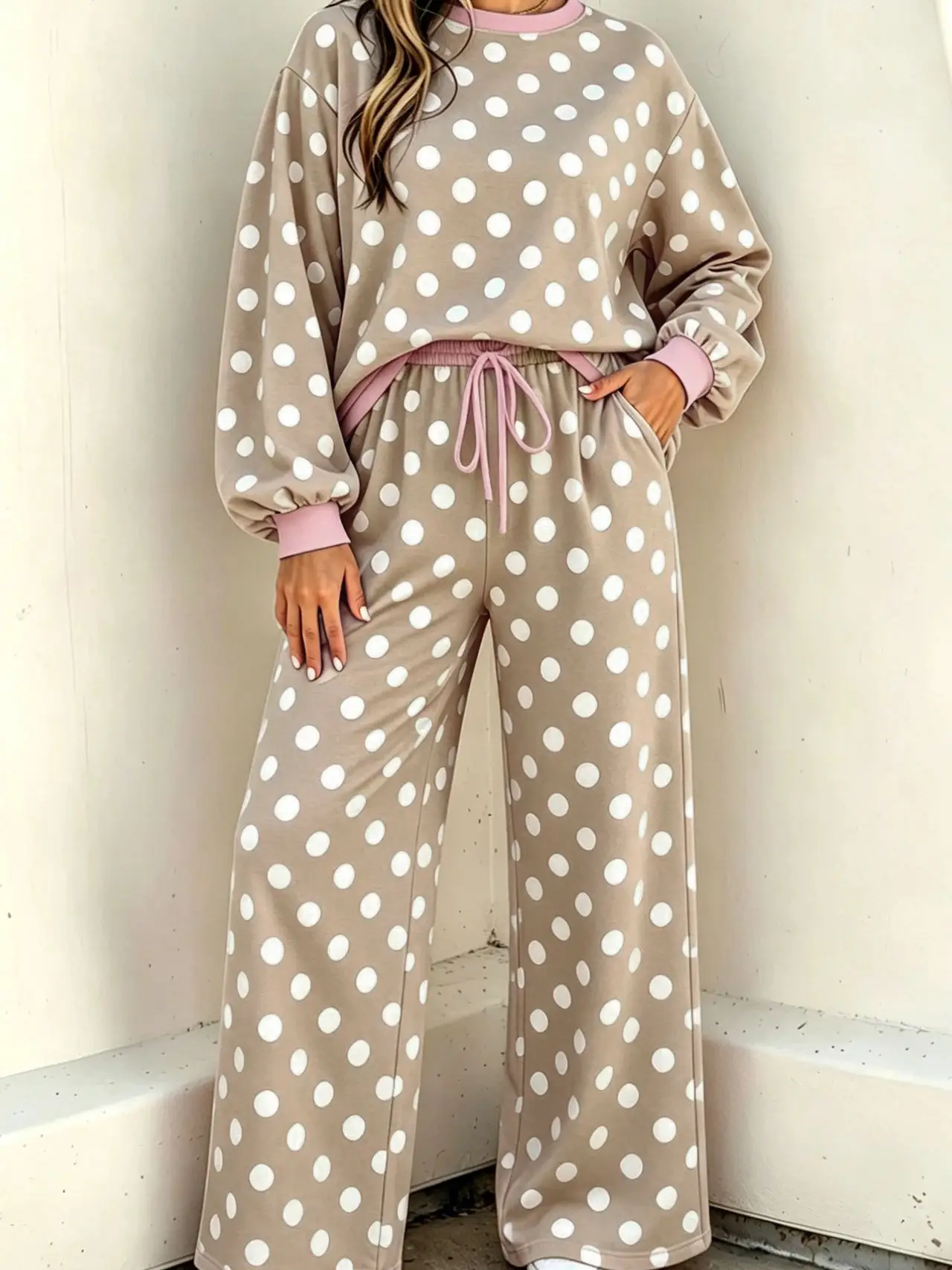 The Sunday Comfy Set with polka dots and pink trim